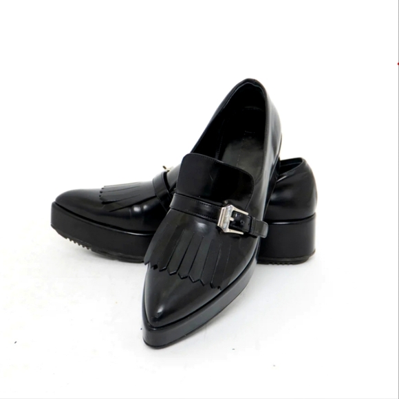 Prada Shoes - Prada Black Leather Kiltie Loafers with Silver Buckle
